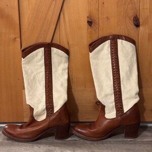 Frye Jane Braid Tan Leather Canvas Pull On Boot #77225